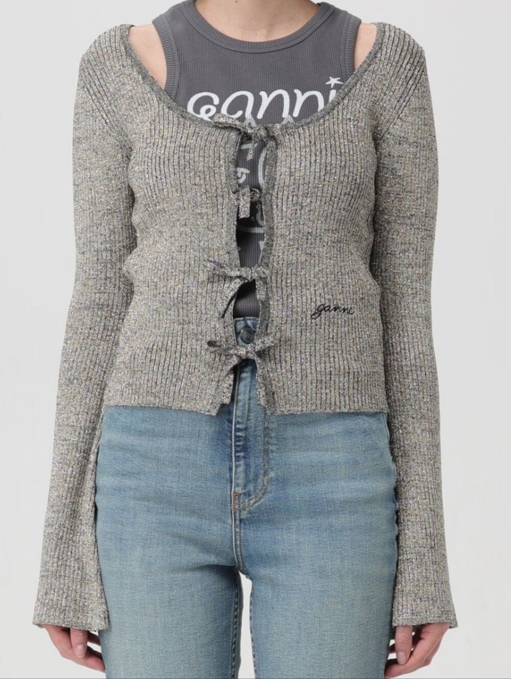 Ganni Silver Sparkle Ribbed Tie-Front Cropped Cardigan